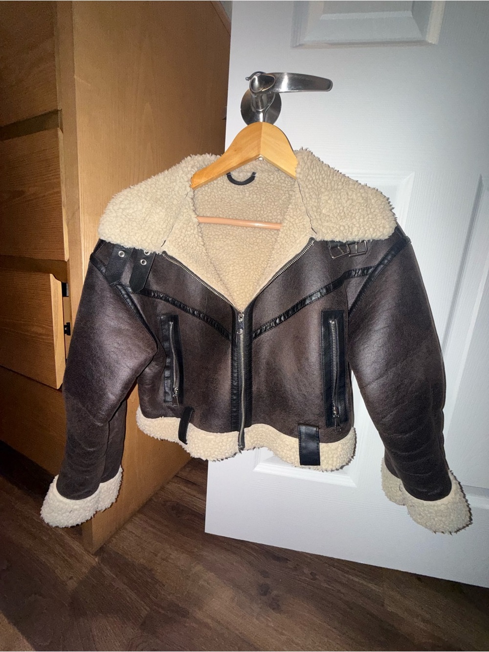 Shearling-Lined Brown Aviator Jacket - Women size XS